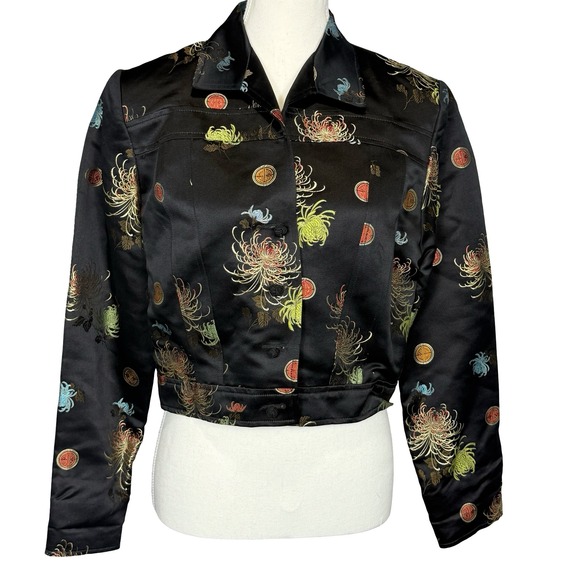 Night Lights Oriental Floral Print Jacket Cropped Silk Blend Black Womens Size 4 - Picture 1 of 9